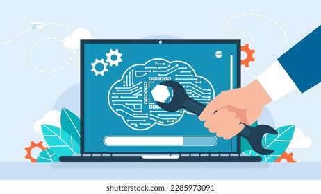Programmer with laptop. AI. Brain with neural network. Artificial intelligence. Brain with digital circuit. Programer hand with wrench fixing a nut. Coding symbols. PC Settings. Vector illustration
