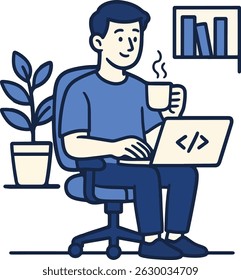 Programmer With Laptop and Coffee, Vector Illustration.