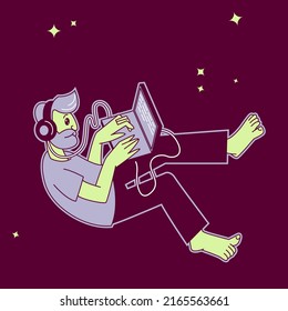 Programmer with a laptop, the concept of working at night, vector illustration