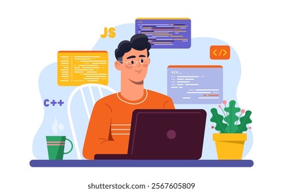 Programmer with laptop. Man writes code for program and application. Freelancer and remote worker. Front end and back end developer. IT specialist at workplace. Flat vector illustration