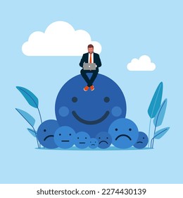 Programmer with laptop on happy icon and small sad icon. The concept of optimism over pessimism. Modern vector illustration in flat style