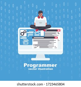 Programmer with laptop working on program. Software concept. Vector illustration flat design. Coding, web technology. Development applications.