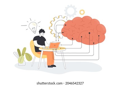 Programmer learning about artificial intelligence on computer. Huge brain with digital data, cloud storage flat vector illustration. Science, education, AI concept for banner or landing web page