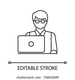 Programmer linear icon. IT technologist. Freelancer. Thin line illustration. Contour symbol. Vector isolated outline drawing. Editable stroke