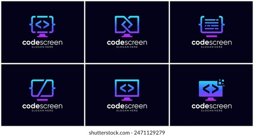 Programmer logo design collection. Abstract code and monitor screen logo vector illustration.