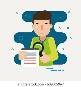Programmer  looking through a magnifying glass. Debugging concept.