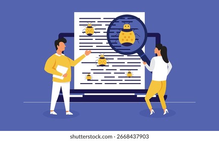 Programador com lupa procurando por defeito em aplicativos de software programados Bugs e teste de erro