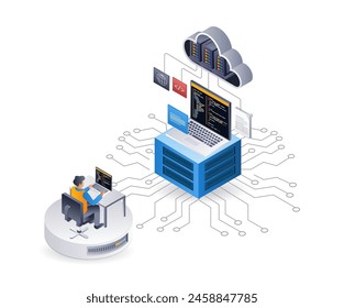 Programmer maintains technology cloud server, isometric flat 3d illustration infographic