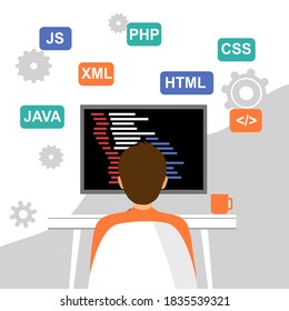Programmer male working on computer with coding concept vector illustration. Software developer, web programmer career. Freelancer working at home.
