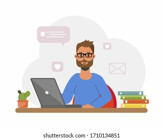 Programmer man with a beard works at a computer, laptop. Remote work in the home office. IT specialist freelancer, student. Colorful vector illustration in flat cartoon style.