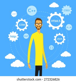 Programmer Man Computer Geek Coder Flat Vector Illustration