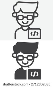 Programmer man portrait shown in outline line and solid styles. Editable stroke vector sign and symbol for coding themes. Programmer icon in two icon styles.