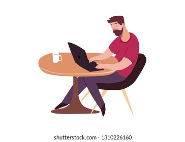 Programmer. Man sits in a chair at table with the laptop and a cup of coffee. Person in a daily situation works. Character vector illustration in flat style. 