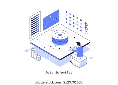 Homem programador sentado na mesa com placa de circuito e servidor. Ilustração vetorial isométrica de conceito de cientista de dados. Composição de personagens de desenho animado de tecnologia de análise de informações digitais