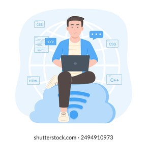 Programador Hombre sentado en la nube de computación Símbolo y proceso de codificación con la computadora portátil para el desarrollo de software Concepto Ilustración