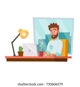 Programmer Man Vector. Development Working. Man Freelance Job Concept. Isolated On White Cartoon Character Illustration
