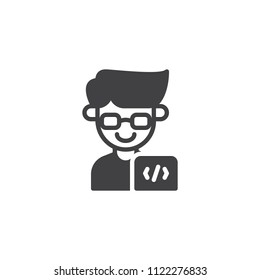 Programmer man vector icon. filled flat sign for mobile concept and web design. Coder male simple solid icon. Symbol, logo illustration. Pixel perfect vector graphics