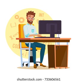Programmer Man Vector. Stylized Young Developer. Person Working On Computer. Isolated Flat Cartoon Character Illustration