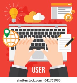 programmer. man working with computer. hand typing. creative and inspiration. vector illustration. information technology and business design concept.