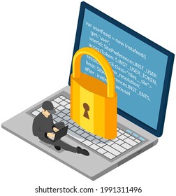 Programmer man working on computer near big lock. Male character in black clothes works with laptop, creates program code, security, protection system. IT specialist is engaged in programming