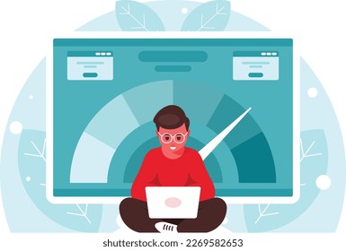 Programmer measures the Internet speed. Speed measurement program on a computer monitor. Developer sitting in lotus pose with laptop and working. Coding experience and software development. Vector