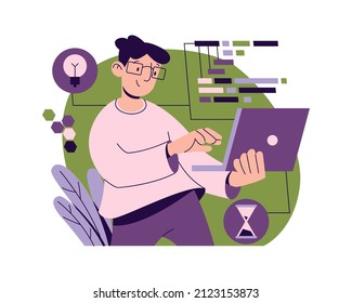 Programmer with new innovative idea for improvement of software. Vector development of websites and pages in internet. Digital and virtual reality, script for application, desktop or mobile cartoon