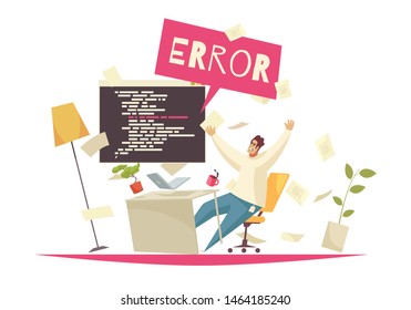 Programmer office concept with error searching symbols flat vector illustration