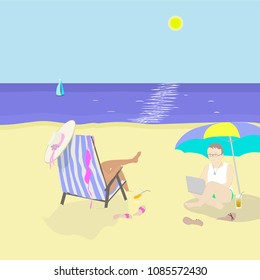 Programmer on the beach with laptop and  his wife taking sunbath. Vector illustration.