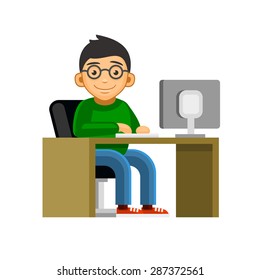 Programmer on Desktop Computer Coding and Programming. Vector