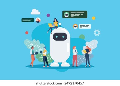 Programmer people with android robot. Cyborg Technology. Vector Illustration. 