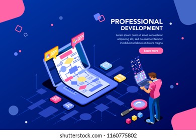 Programmer person and interactive technical software. Professional code for company concept with characters and text services. Flat isometric flowchart icons for infographic images vector illustration