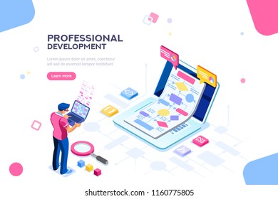 Programmer person and interactive technical software. Professional code for company concept with characters and text services. Flat isometric flowchart icons for infographic images vector illustration