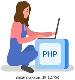 Programador, botón php y laptop. Programación o codificación, tecnología digital. Lady está trabajando con un dispositivo electrónico para crear sitios web. Desarrollador Php sentado en bloque con texto PHP