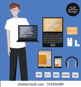 Programmer and programming in flat design . Vector illustration . Apply to website , book cover , poster ,  infographics .
