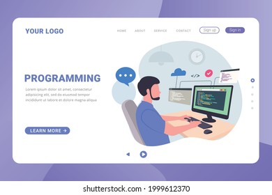 Programmer programming web site landing page template vector illustration