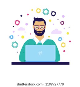 Programmer or project manager or student with laptop is studying or thinking about project. Flat style design. Vector illustration.