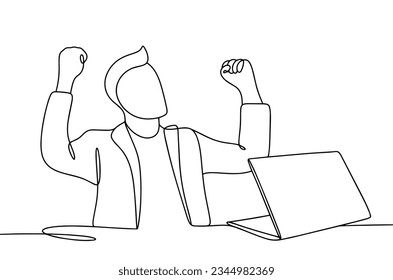 The programmer rejoices at a successfully completed project. Programmers Day. One line drawing for different uses. Vector illustration.