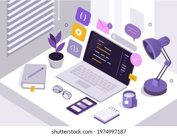 Programmer Remote Office Desk and Laptop with Program Code on Screen. Freelance Developer Workspace at Home. Development Process Concept. Flat Isometric Vector Illustration.