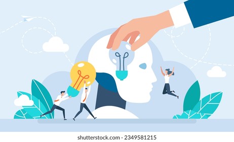 A programmer replaces a light bulb in a robot's head. Robot Head Updating Software. Modern Technology Artificial Intelligence. Improvement of AI. Upgrade Software version concept. Vector illustration.