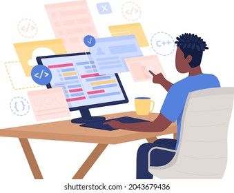 Programmer semi flat color vector character. Student figure. Sitting person on white. Man at computer desk. Coding isolated modern cartoon style illustration for graphic design and animation