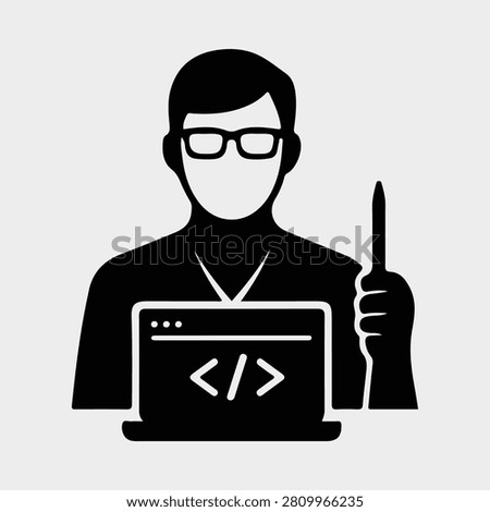 Programmer silhouette with laptop computer and code symbol vector illustration