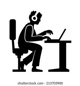 Programmer Silhouette Working on His Computer. Vector illustration