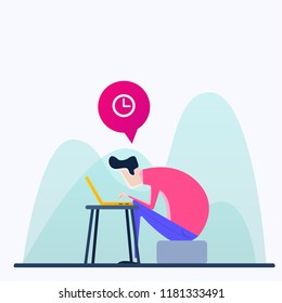 The programmer sits behind the workplace and works quickly. Vector illustration in cartoon style