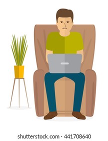 The programmer sits with a laptop on the couch