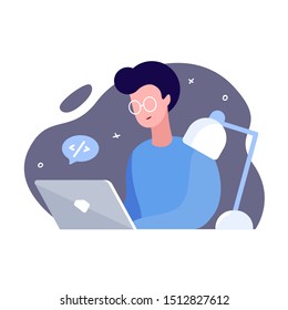 The programmer sits at a laptop and writes code. The concept of web development. Concept banner. Modern digital technology. Flat vector illustration, clip art