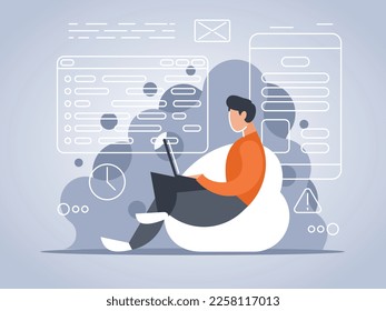 Programmer sitting in a bean bag chair with a laptop. Coder writes a program. Vector illustration