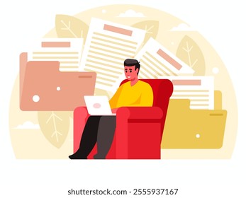 A programmer sitting in a chair and working at a laptop. Freelancer working from home. Copy documents from one folder to another. Backup concept. Vector graphics