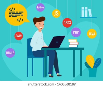 Programmer sitting at a Desk and working on laptop. Writes Code in a programming language. Illustration of the concept of universal programmer.