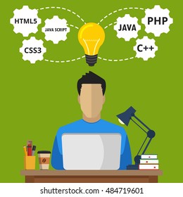 Programmer sitting at the desktop and working on the laptop. Flat vector illustration.