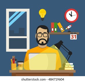 Programmer sitting at the desktop and working on the laptop. Flat vector illustration.